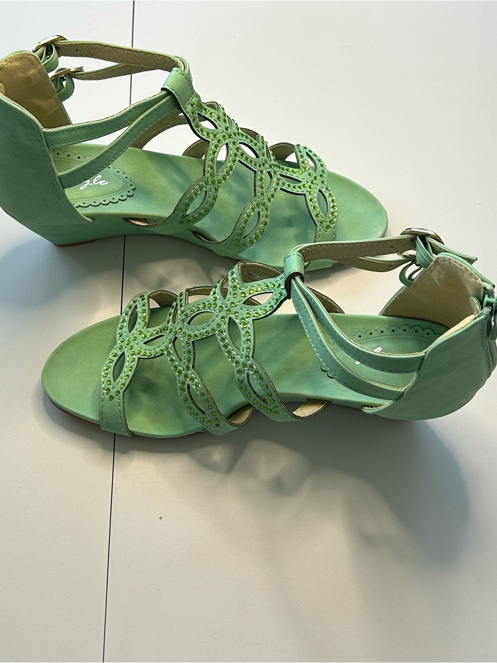 Ladies Mint Green Strappy Wedge Sandals with Cutout Detail